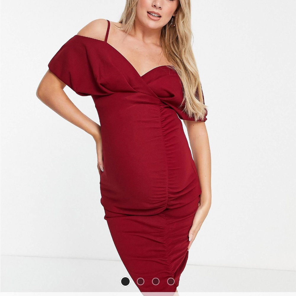 ASOS DESIGN Maternity Off Shoulder Ruched Midi Dress in Red